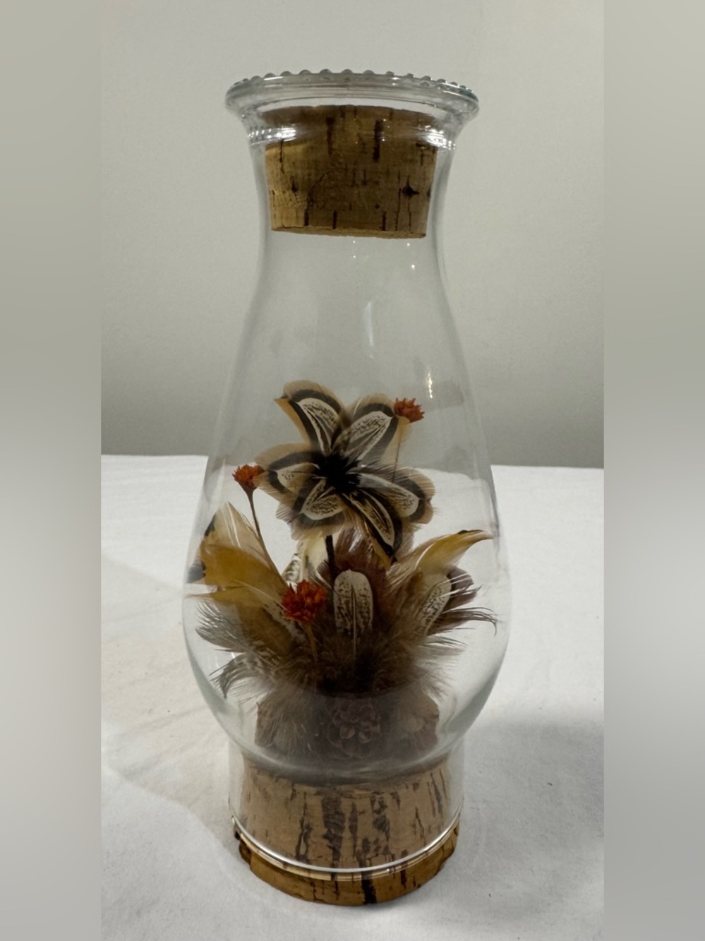Handcrafted Glass Dried Floral flowers pheasant vase with cork cottagecore decor